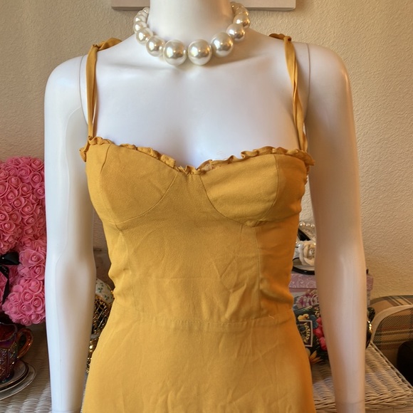 Reformation Nikita ruffled midi dress w/bow tie straps in mustard color size 2 - Picture 5 of 12